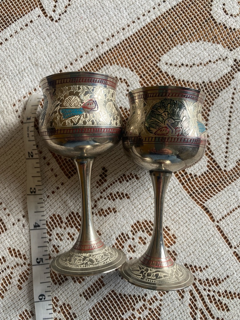 Pair of Decorative Etched Silver Metal Goblets with Enamel Accents
